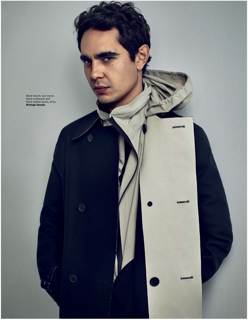 Connecting with Esquire Singapore, Max Minghella sports two trench coats with a turtleneck by Bottega Veneta.