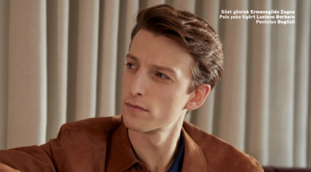 Max Townsend Models Smart Styles for Beymen Max Townsend dons an Ermenegildo Zegna suede jacket with a Luciano Barbera half-zip polo and Boglioli pants.