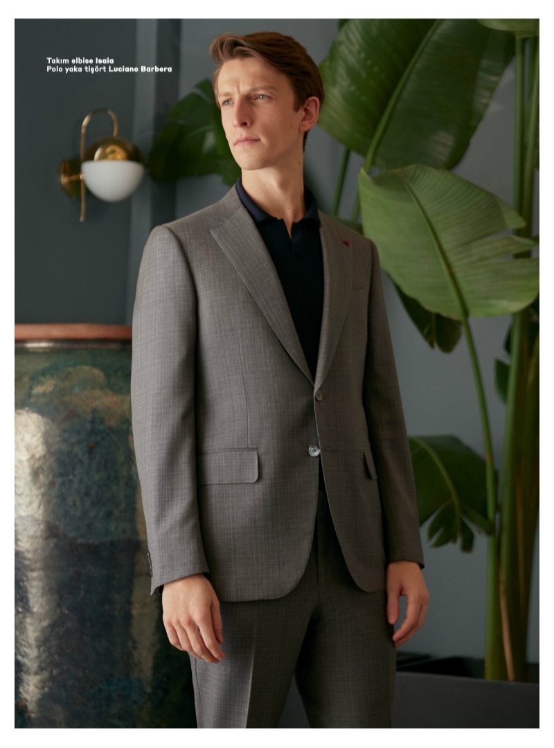 British model Max Townsend dons an ISAIA suit with a Luciano Barbera polo.