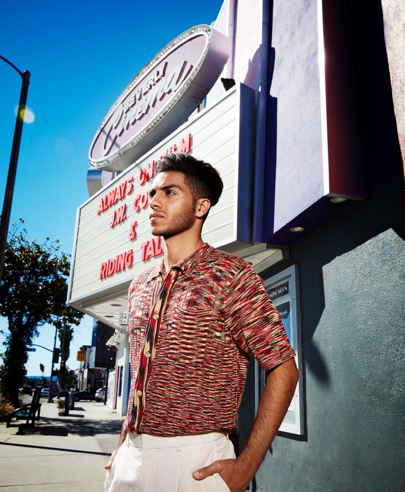 Connecting with Esquire Middle East, Mena Massoud dons a You As shirt with Jacquemus trousers.