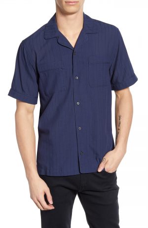 Men's Saturdays Nyc Cameron Dobby Solid Camp Shirt, Size Small - Blue Men's Saturdays Nyc Cameron Dobby Solid Camp Shirt, Size Small - Blue