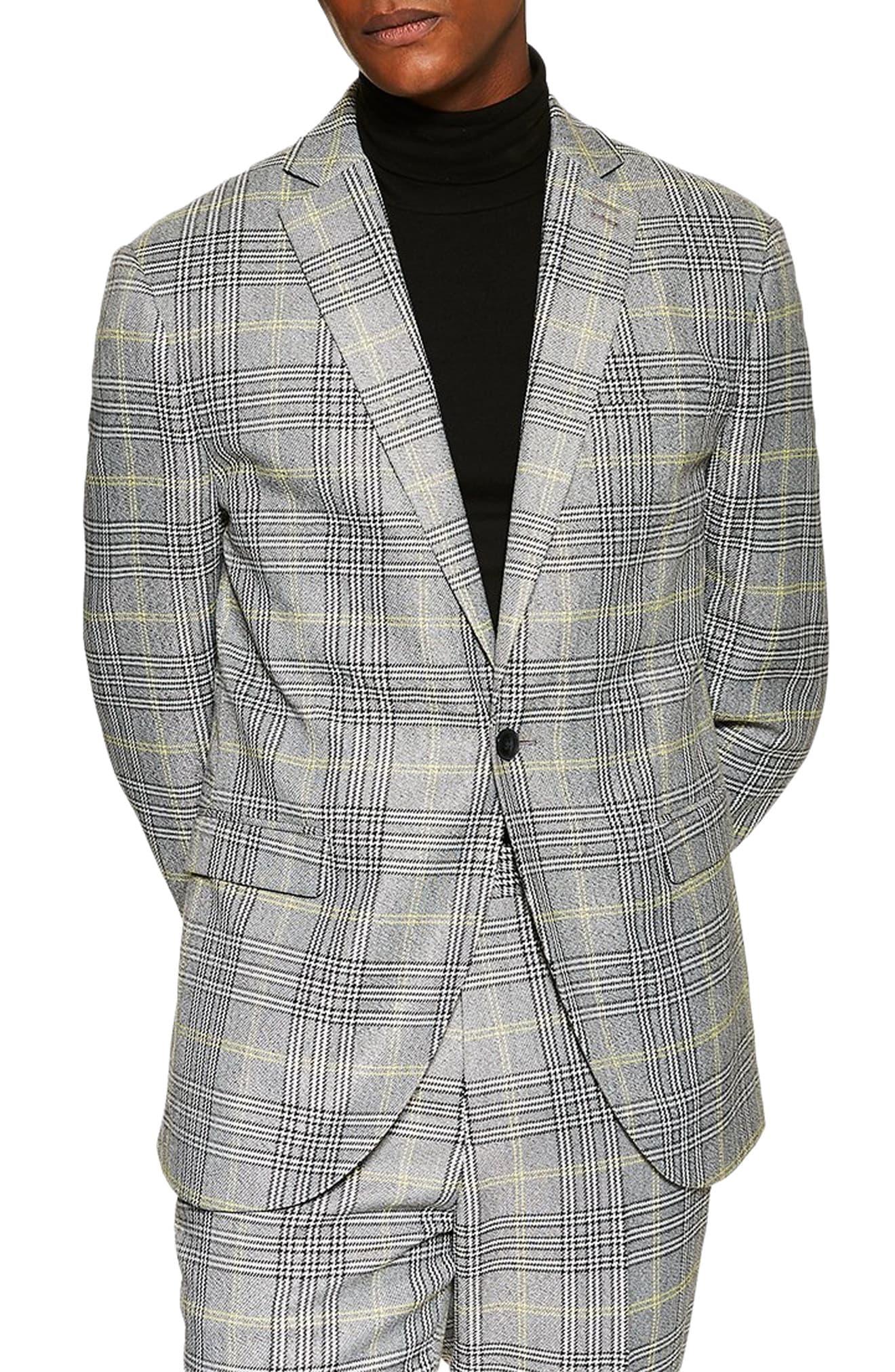 Men’s Topman Single Breasted Check Slim Suit Jacket, Size 34 32 – Grey ...