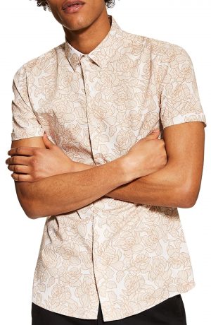 Men's Topman Stretch Skinny Fit Floral Shirt, Size Medium - Beige Men's Topman Stretch Skinny Fit Floral Shirt, Size Medium - Beige