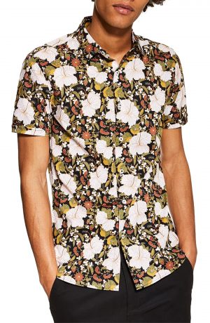 Men's Topman Stretch Skinny Fit Floral Sport Shirt, Size Medium - Black Men's Topman Stretch Skinny Fit Floral Sport Shirt, Size Medium - Black