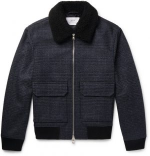 Mr P. - Shearling-Trimmed Checked Wool-Blend Aviator Jacket - Men - Navy Mr P. - Shearling-Trimmed Checked Wool-Blend Aviator Jacket - Men - Navy