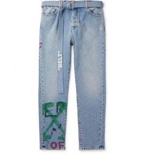 Off-White - Slim-Fit Tapered Belted Spray-Painted Denim Jeans - Men - Blue Off-White - Slim-Fit Tapered Belted Spray-Painted Denim Jeans - Men - Blue