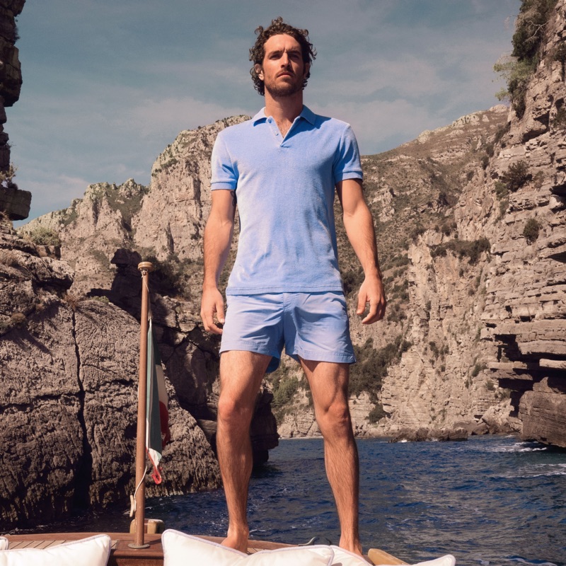 Inspired by James Bond, Justice Joslin sports a Dr No toweling polo from Orlebar Brown's 007 collection.