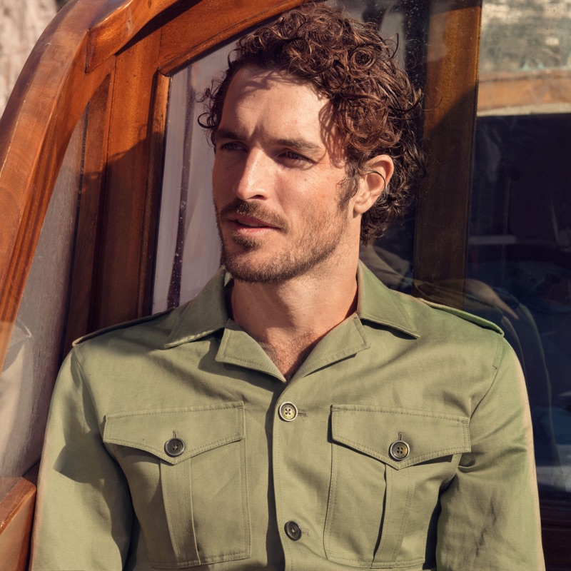 Making a military style statement, Justice Joslin wears an Orlebar Brown Bond safari jacket $595 from its 007 collection.