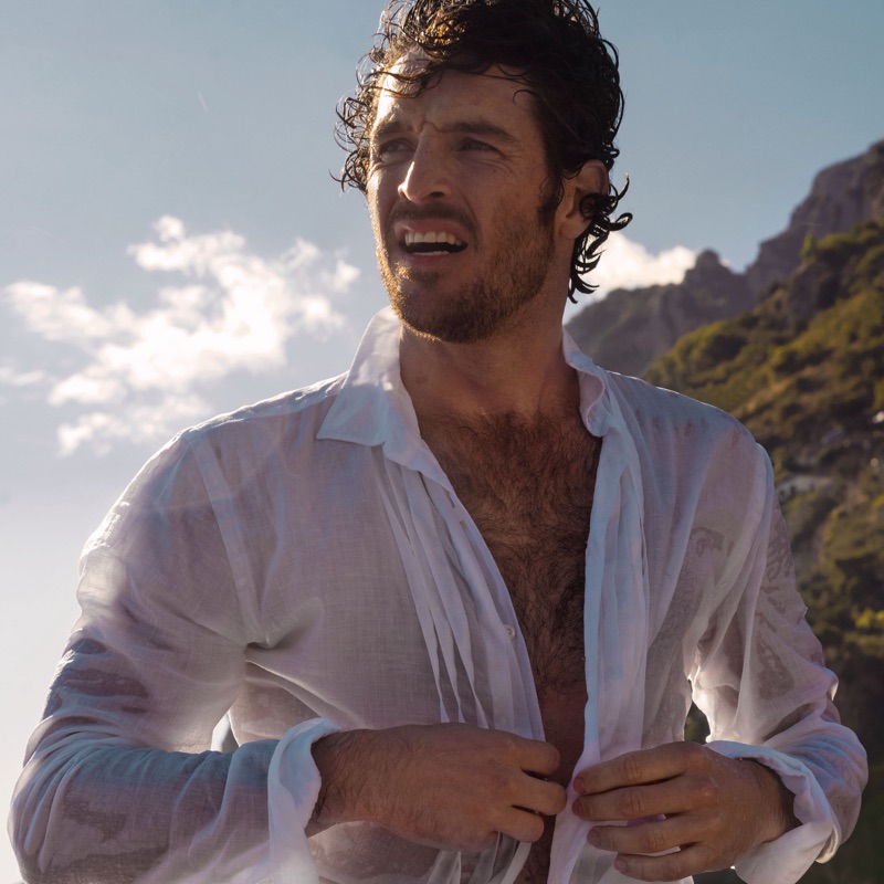 Front and center, Justice Joslin wears an Orlebar Brown 007 Bond pleated dress shirt $395.