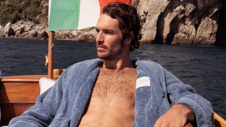 Lounging, Justice Joslin wears an Orlebar Brown Dr No toweling robe $475.