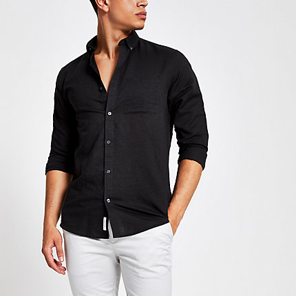 River Island Mens Black linen long sleeve shirt | The Fashionisto