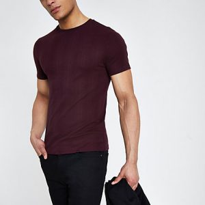 River Island Mens Dark red ribbed muscle fit T-shirt River Island Mens Dark red ribbed muscle fit T-shirt
