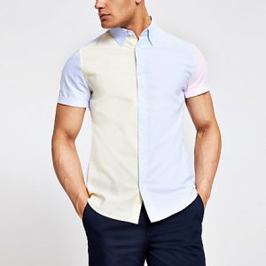 River Island Mens Yellow pastel block slim fit shirt River Island Mens Yellow pastel block slim fit shirt