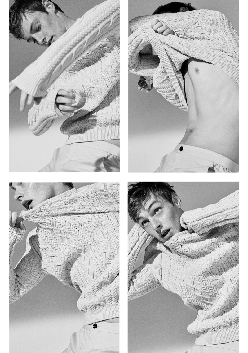 Donning a cable-knit sweater, Roberto Sipos wears Massimo Dutti.