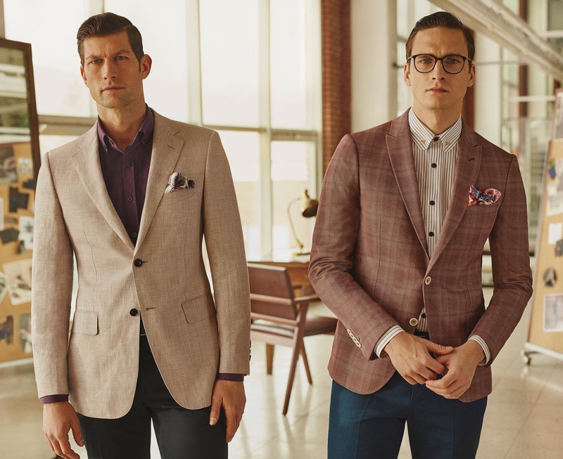 Models Jan Trojan and Alejandro Rodriguez suit up for Sarar's spring-summer 2019 campaign.