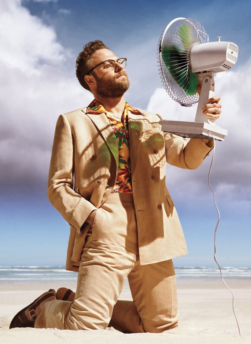 A smart vision, Seth Rogen wears a Paul Stuart suit, SSS World Corp shirt, and Grenson sandals.