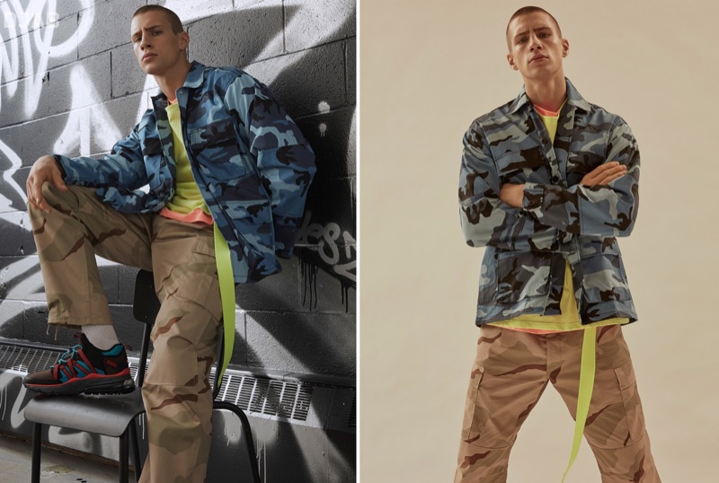 Mixing camouflage prints, Augusta Alexander sports a ROTHCO blue tactical camo shirt and camouflage cargo pants with a neon DJAB t-shirt. He completes his look with a yellow Outcome belt.