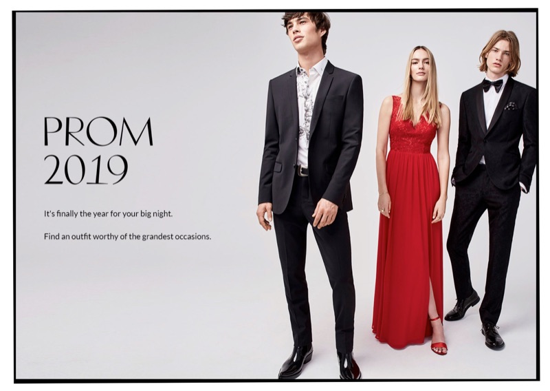 Louis Baines and Martijn Faaij wear prom fashions from Simons. Left: Louis dons a LE 31 stretch jacket and pants with a bouquet print shirt. Right: Martijn wears a Bosco tuxedo with a LE 31 shirt and bow-tie.