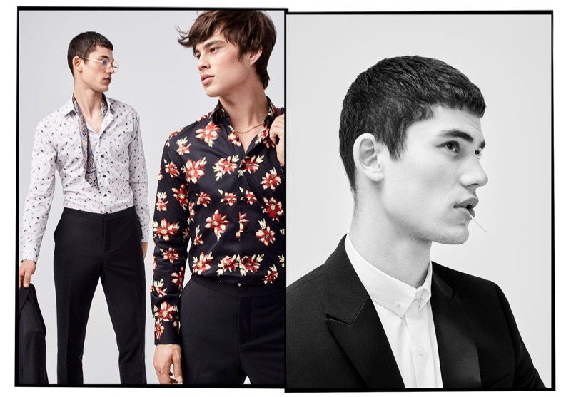 Pictured left, Finn Hayton wears a LE 31 shirt and tuxedo pants with a Blick royal paisley scarf. Meanwhile, Louis Baines rocks a LE 31 painted flowers print shirt with tuxedo pants. Right: Finn dons a tuxedo jacket and shirt from Simons.