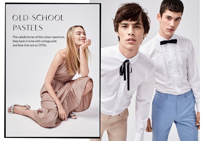 Ready for prom, Louis Baines and Finn Hayton wear tuxedo shirts and tailored pants from LE 31. Louis dons a LE 31 satiny ribbon tie while Finn sports a mini Blick bow-tie.