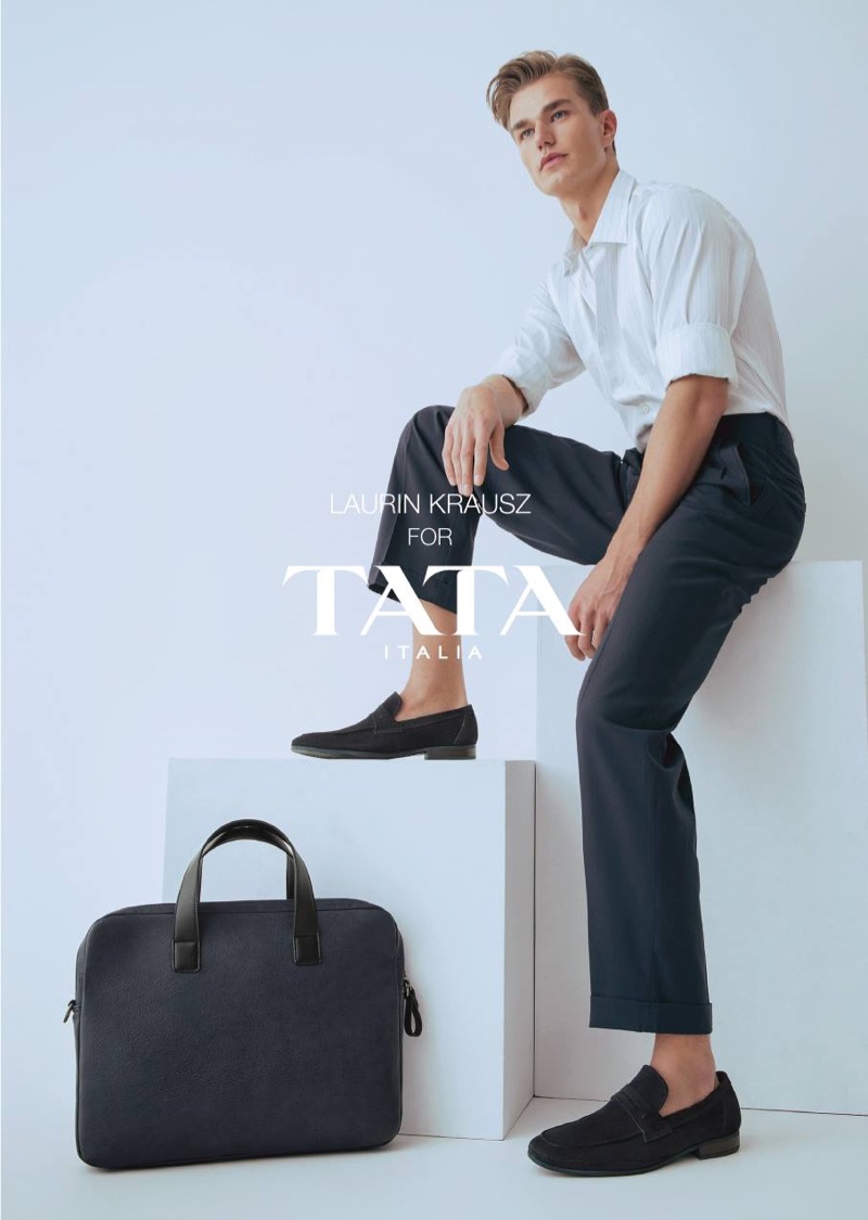 A smart vision, Laurin Krausz dons loafers for TATA Italia's spring-summer 2019 campaign.