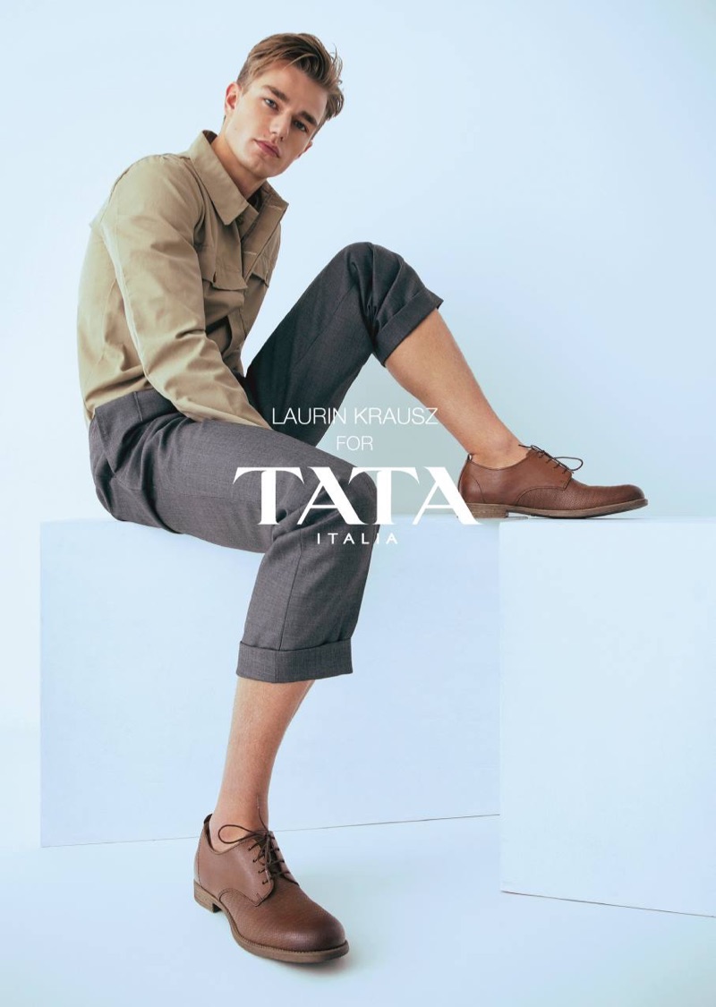 Sporting brown dress shoes, Laurin Krausz stars in TATA Italia's spring-summer 2019 campaign.