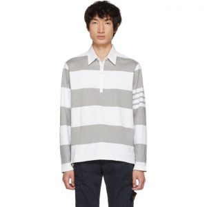 Thom Browne Grey and White Four Bar Relaxed Polo Thom Browne Grey and White Four Bar Relaxed Polo