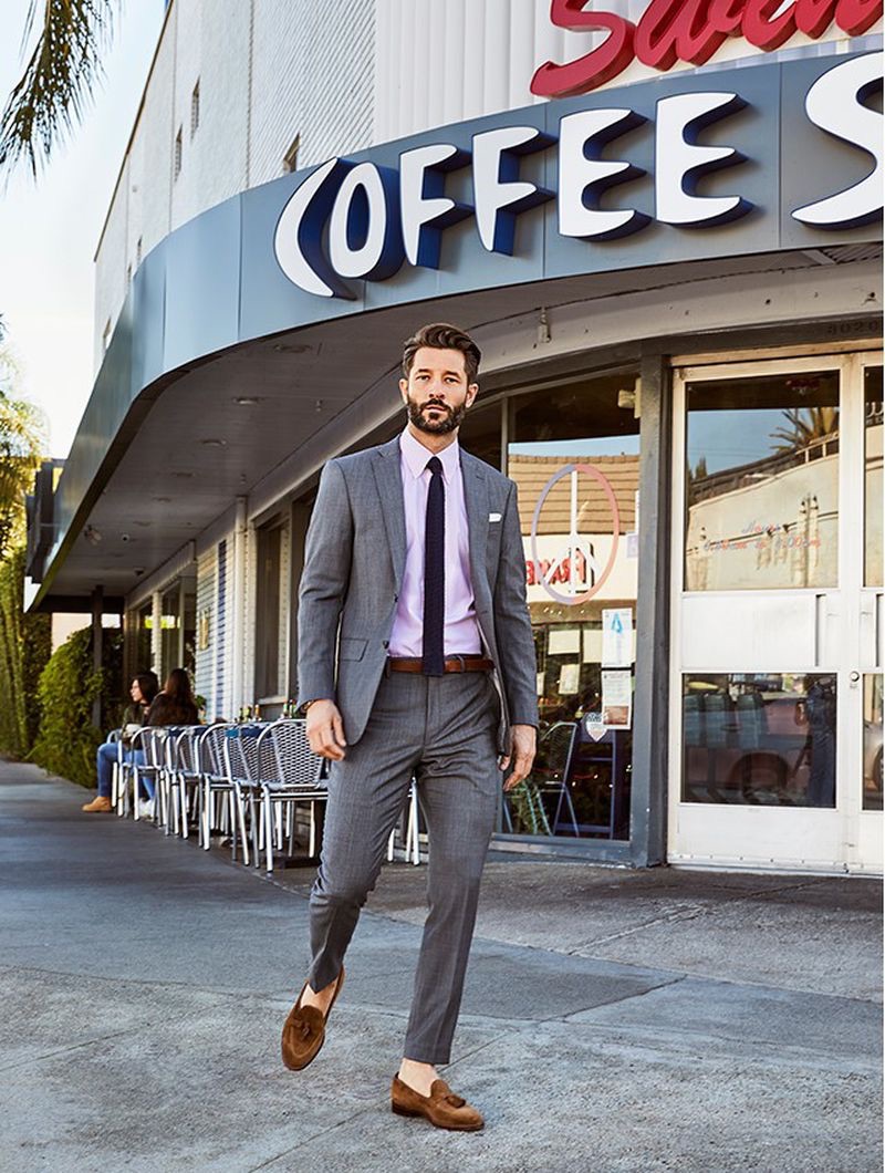 Stepping out, John Halls dons a light charcoal Todd Snyder White Label Sutton stretch tropical wool suit jacket $398 and suit trousers $198.