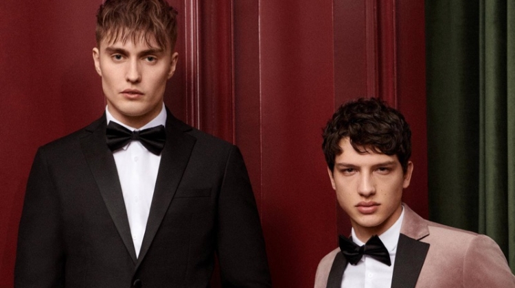 Wearing formal attire, Sam Fender and Romain Hamdous front Topman's suit campaign.