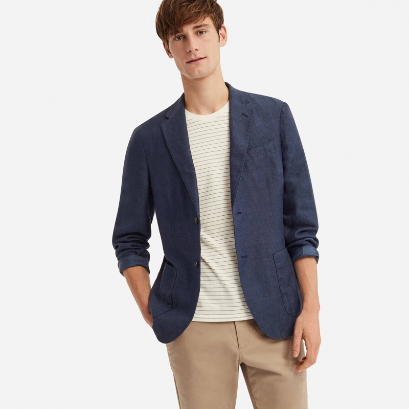 Matt Doran models a UNIQLO linen cotton slim-fit jacket $69.90.