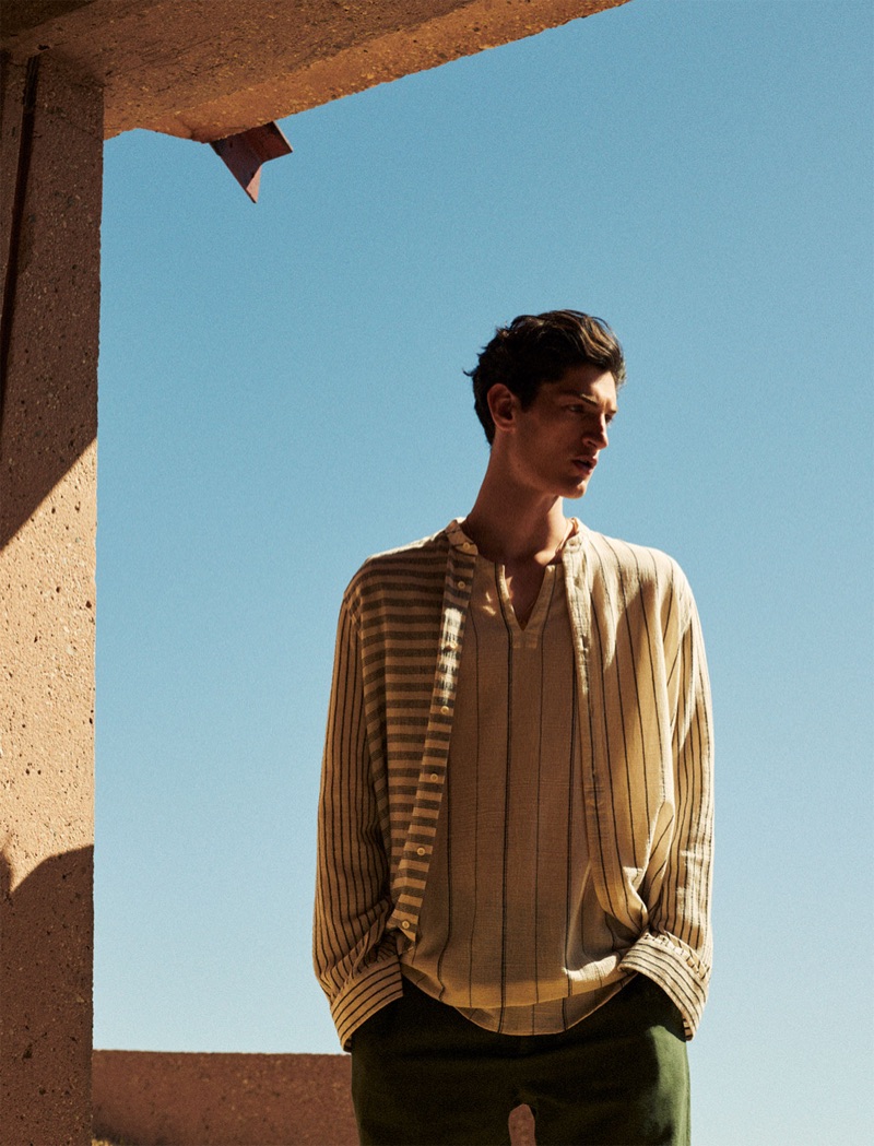 A sleek vision, Aaron Shandel wears linen tops from Zara Man.