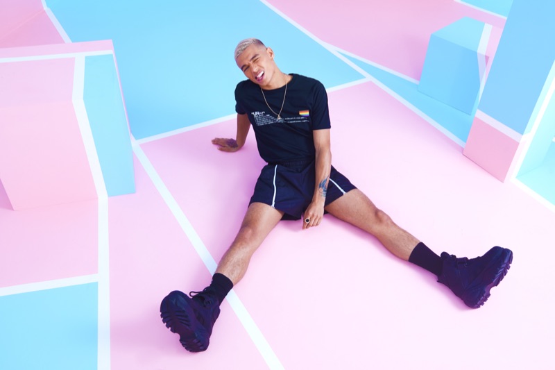 Taking to a colorful studio, Shae Pulver showcases casual styles from boohooMAN's 2019 Pride collection.