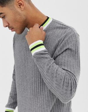 ASOS DESIGN relaxed longline long sleeve t-shirt in interest rib with contrast neon tipping - Gray ASOS DESIGN relaxed longline long sleeve t-shirt in interest rib with contrast neon tipping - Gray