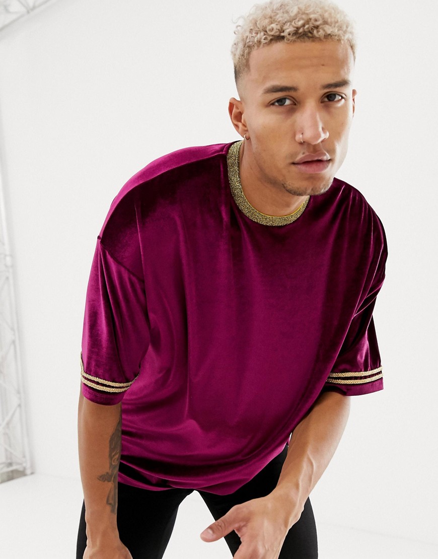 ASOS DESIGN relaxed longline t-shirt in velour with gold neck and ...