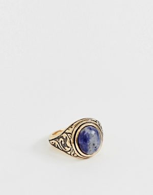 ASOS DESIGN ring in burnished gold tone with semi precious navy stone - Gold ASOS DESIGN ring in burnished gold tone with semi precious navy stone - Gold