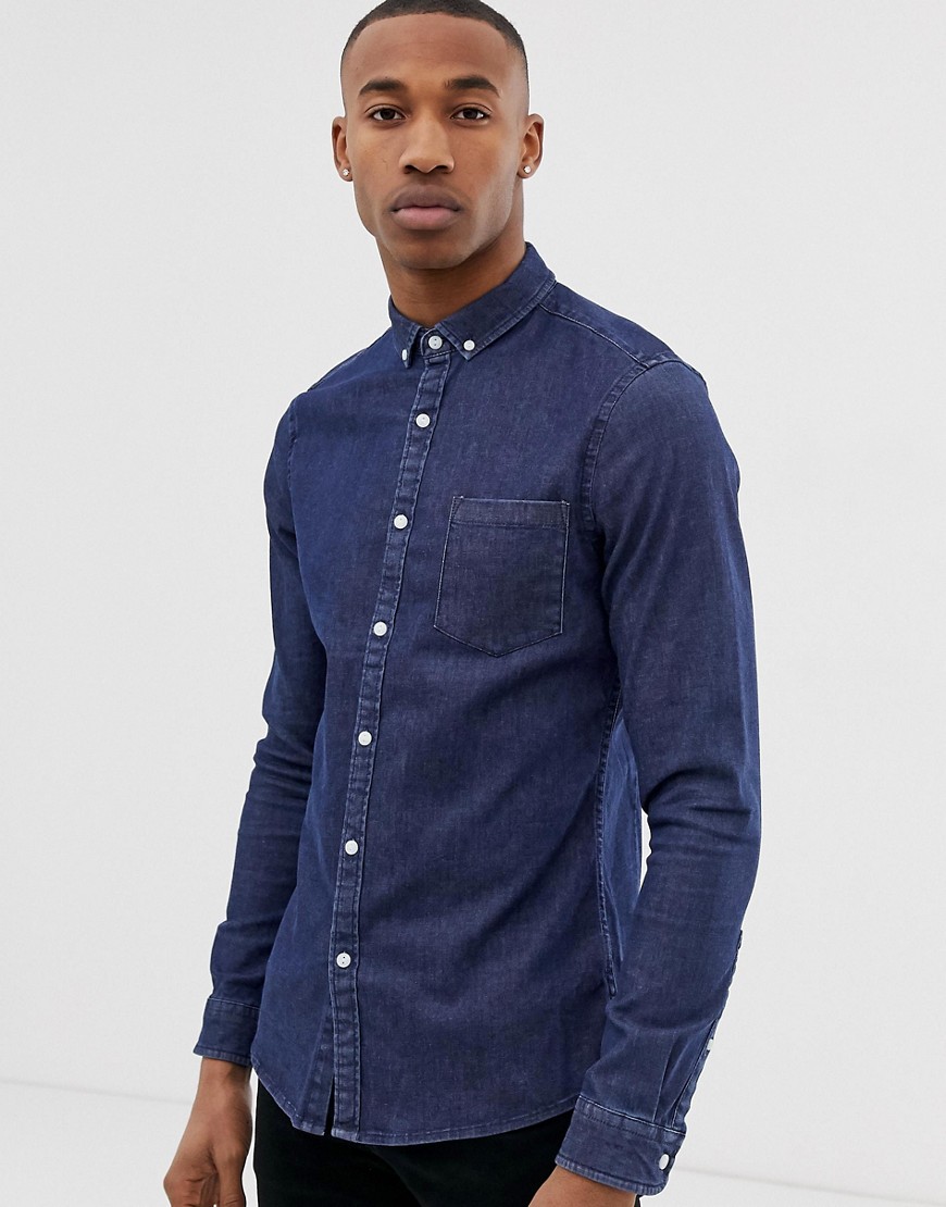 ASOS DESIGN stretch slim denim shirt in rinse wash – Navy | The Fashionisto