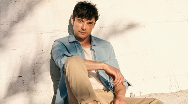 Alexis Petit Inspires in Relaxed Summer Fashions by Mango Embracing classic style, Alexis Petit wears a denim shirt with khaki pants from Mango.