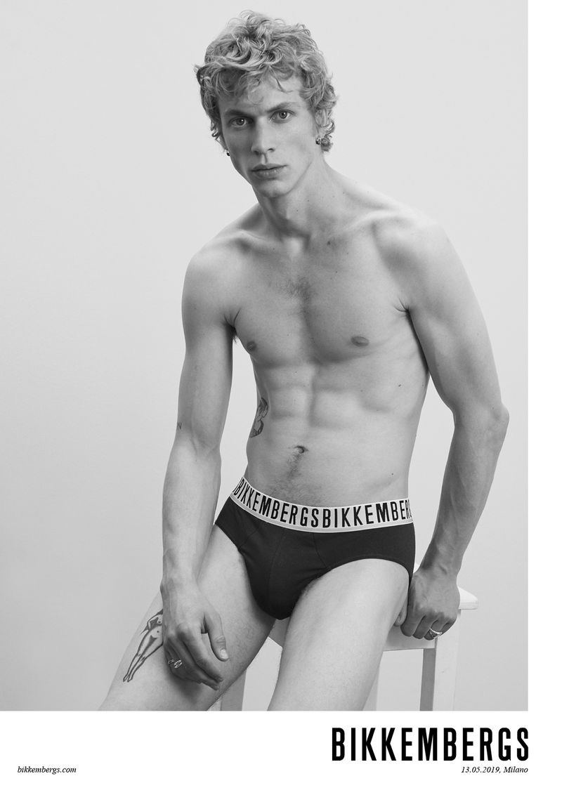 Model Robbi Gruendler fronts Bikkembergs' fall-winter 2019 underwear campaign.