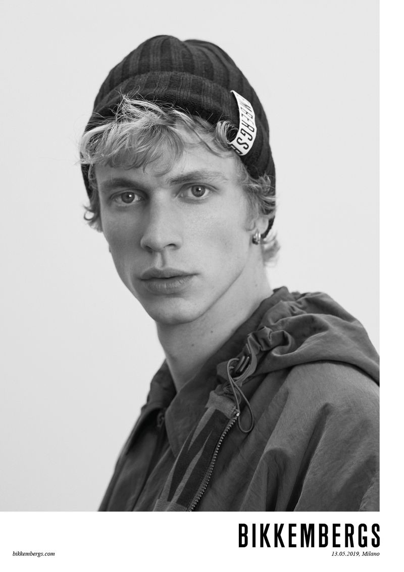 The face of Bikkembergs' fall-winter 2019 campaign, Robbi Gruendler appears in a black and white photo.