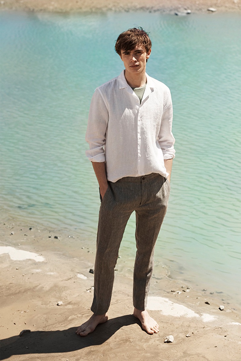 Embracing linen, Liam Little wears a Club Monaco camp collar linen shirt $98.50 and pants $159.50.