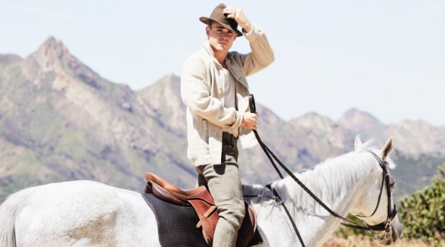 Dacre Montgomery Stars in Mr Porter Shoot, Talks 'Stranger Things' Season 3 Riding a horse, Dacre Montgomery sports an Our Legacy linen jacket, Billy tank, Man 1924 trousers, and Golden Goose sneakers.