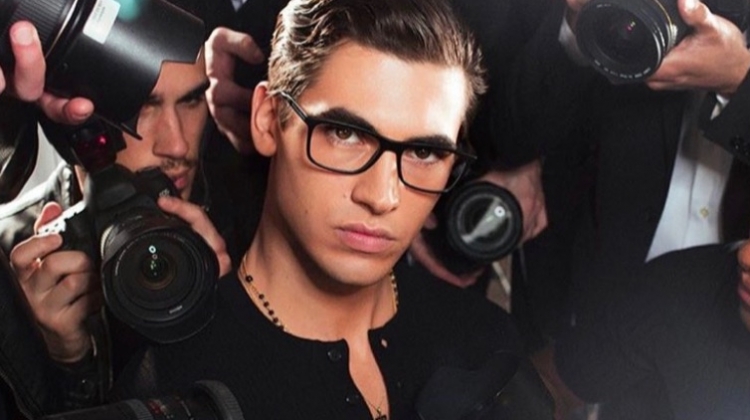 Donning black framed glasses, model Marco Bellotti stars in Dolce & Gabbana's latest eyewear campaign.