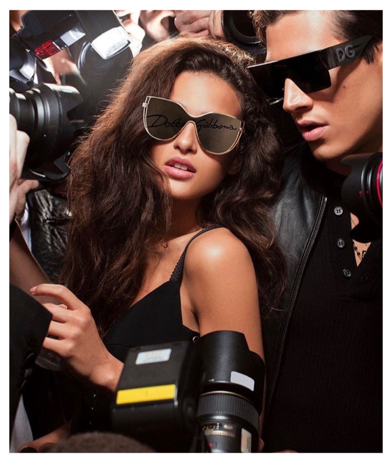 Models Chiara Scelsi and Marco Bellotti appear in Dolce & Gabbana's logo eyewear collection campaign.