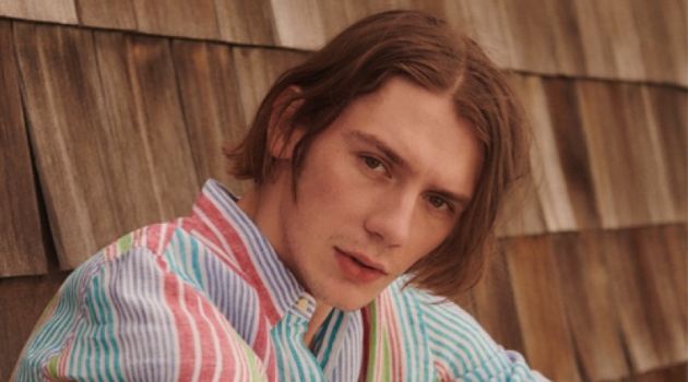 Luca Bertea Sports Summer Style for East Dane Reuniting with East Dane, Luca Bertea sports a POLO Ralph Lauren striped linen shirt and Albam drawstring trousers.