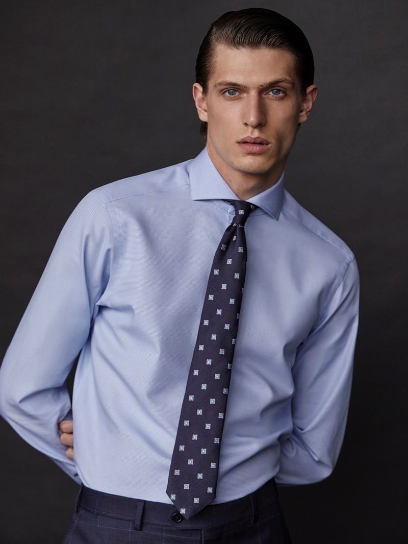 Pablo Sáez photographs Edoardo Sebastianelli in a shirt and tie for Massimo Dutti.