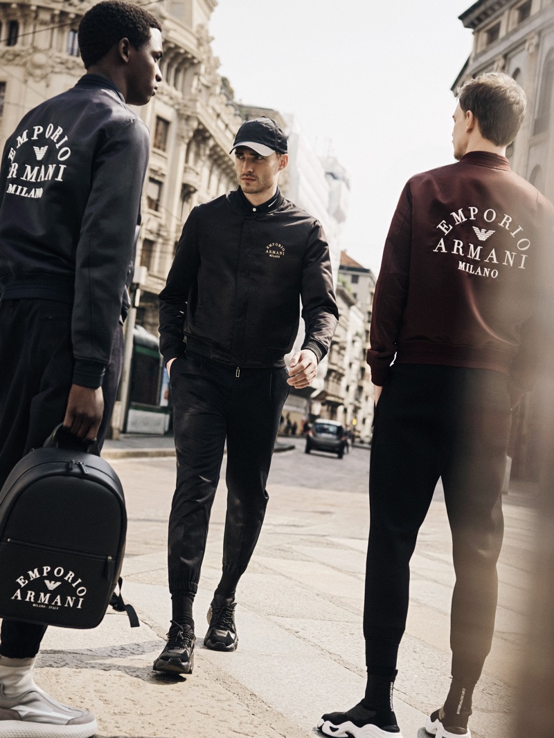 Models Daniel Morel, Ivan Kozak, and André Bona front Emporio Armani's fall-winter 2019 men's campaign.