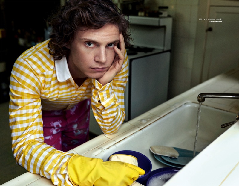 Starring in a new photo shoot, Evan Peters wears a look by Thom Browne.