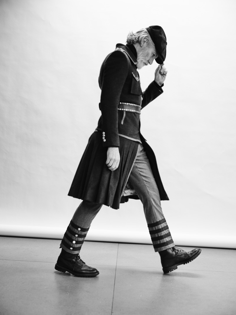 British model Aiden Brady channels military style in a look from Helen Anthony.