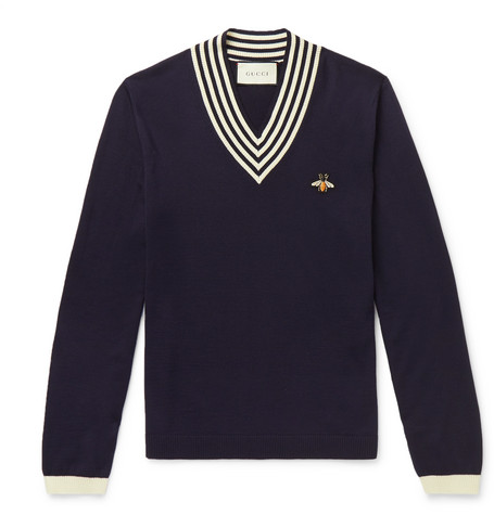 Gucci – Appliquéd Striped Wool Sweater – Men – Navy | The Fashionisto