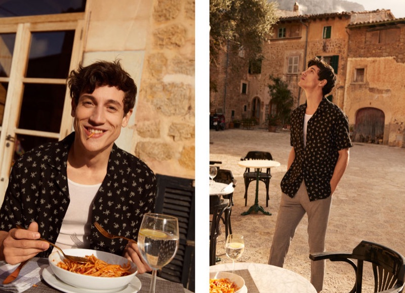 Enjoying a bowl of spaghetti, Nicolas Ripoll wears a black H&M palm trees resort shirt $12.99.